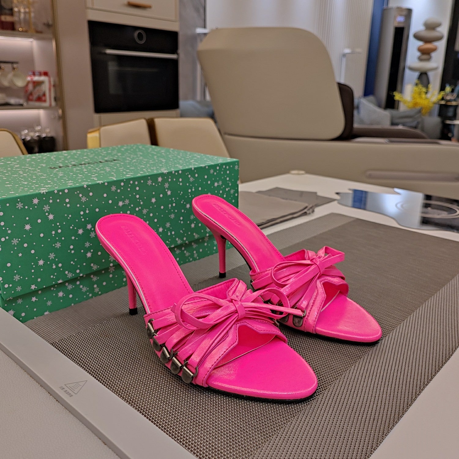 Balenciaga pink bow mule sandals with slim stiletto heels
