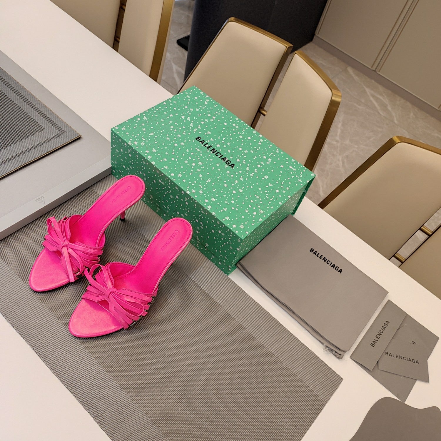 Balenciaga pink mule slides with bow detail and high stiletto heel