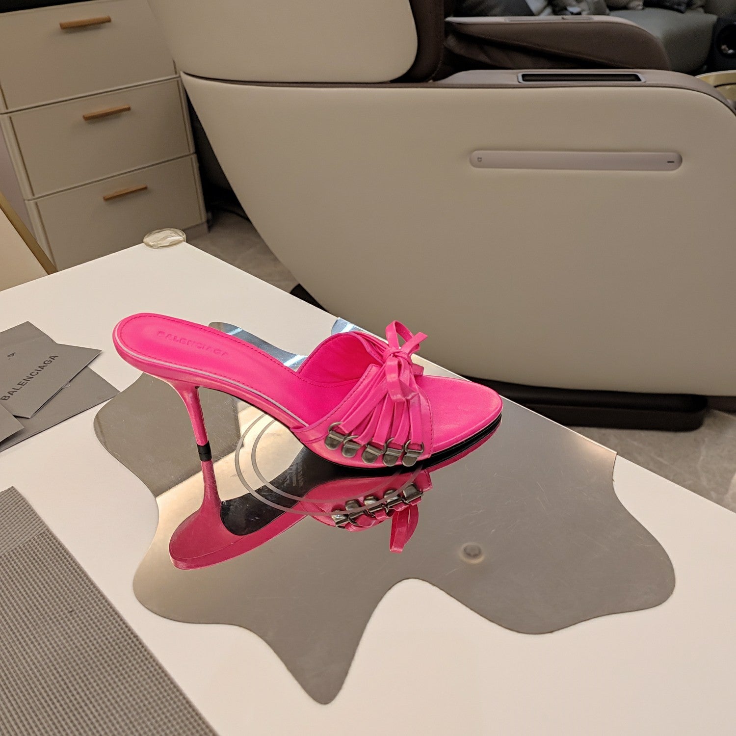 Balenciaga pink bow mule sandals with high stiletto heel, side view