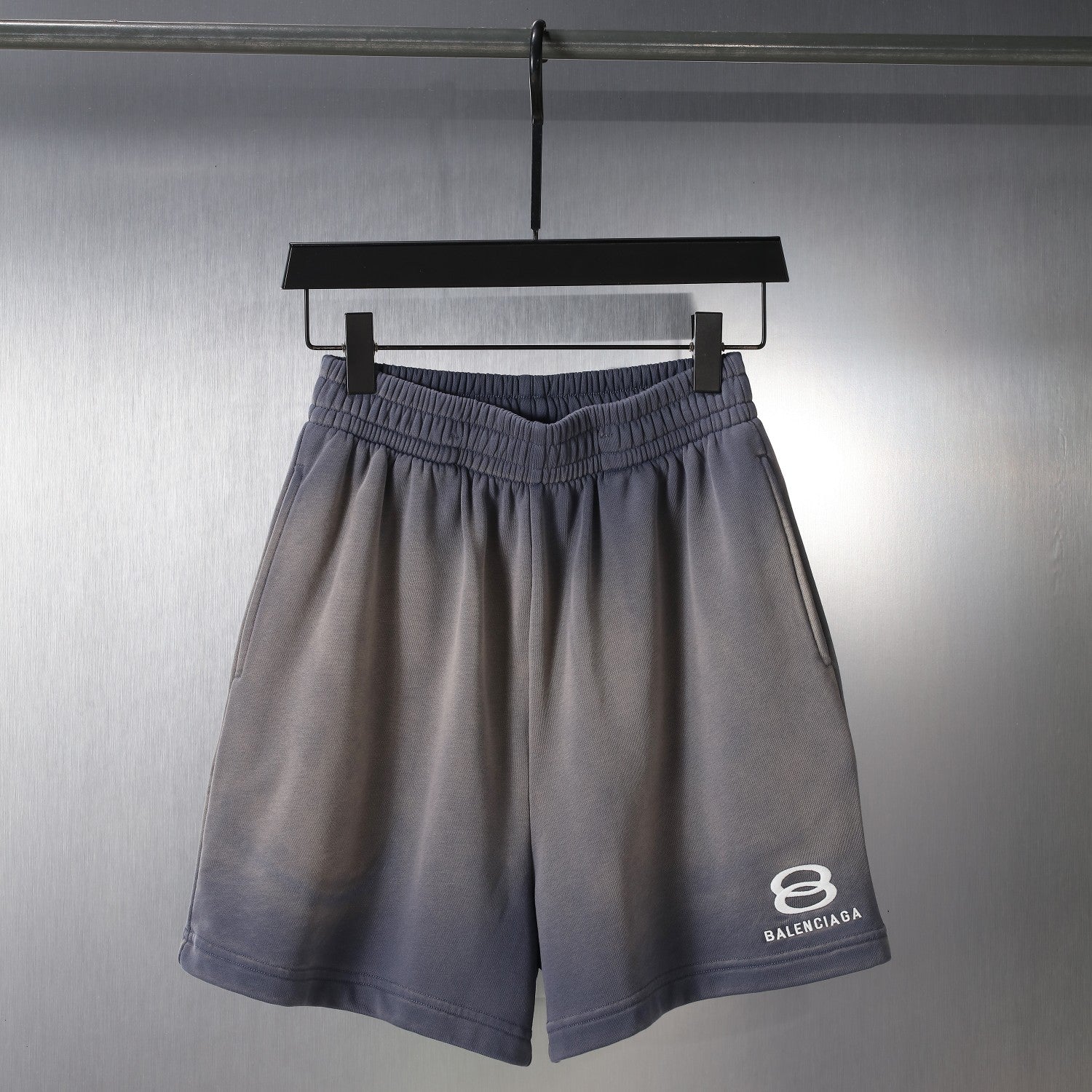 Balenciaga drawstring shorts, dark gray, elastic waistband, front view