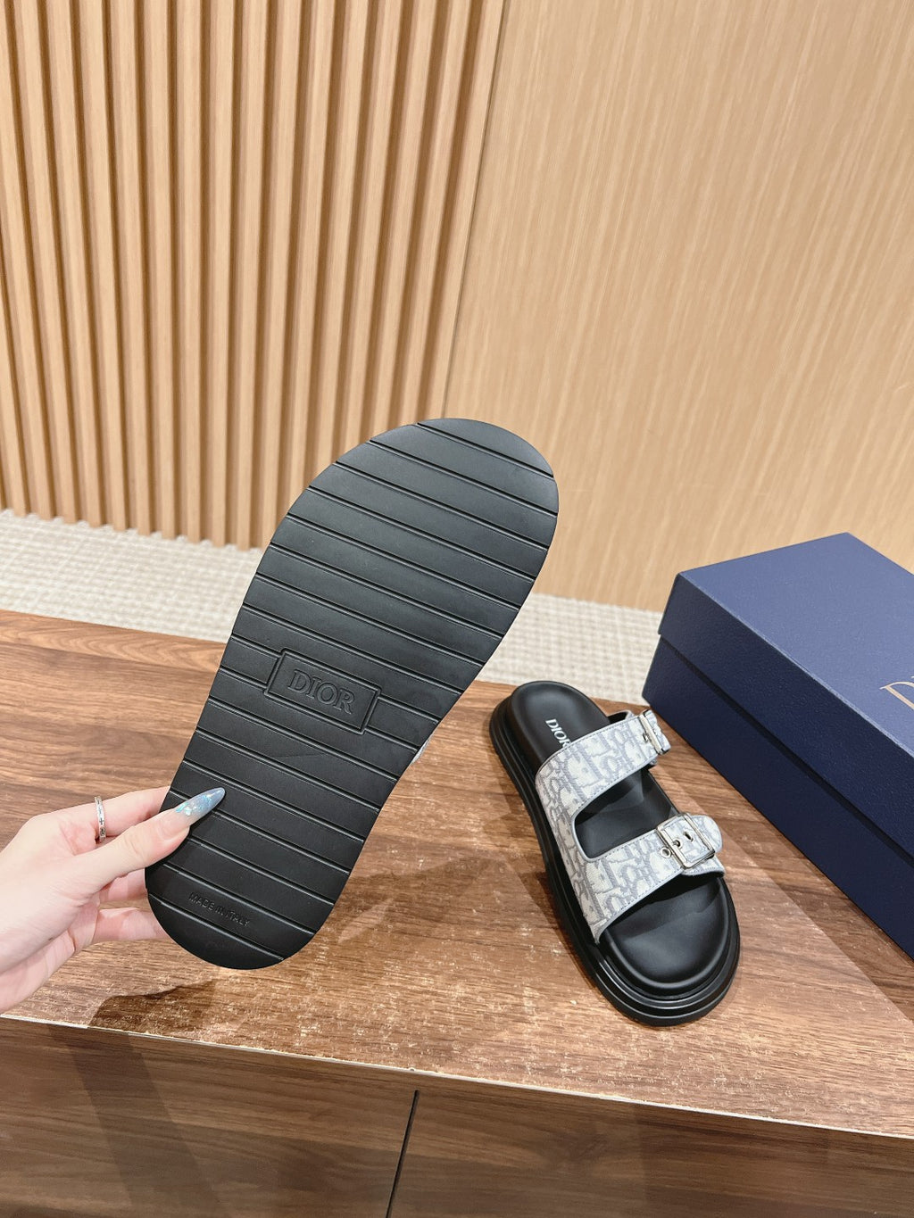 Dior slide sandals, ribbed black outsole view with monogram strap sandal top