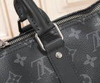 Men's Louis Vuitton monogram duffel bag close-up of strap attachment with snap button