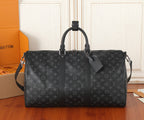 Men's Louis Vuitton monogram duffel bag with top handles and side shoulder strap
