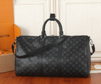 Men's Louis Vuitton monogram duffel bag with front strap detail and top handle