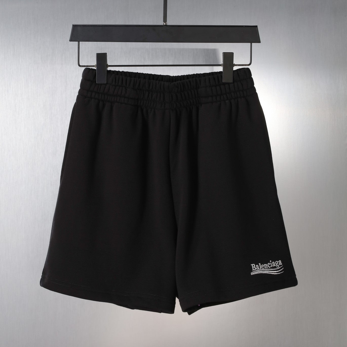 Balenciaga elastic-waist shorts, black, logo patch on right leg