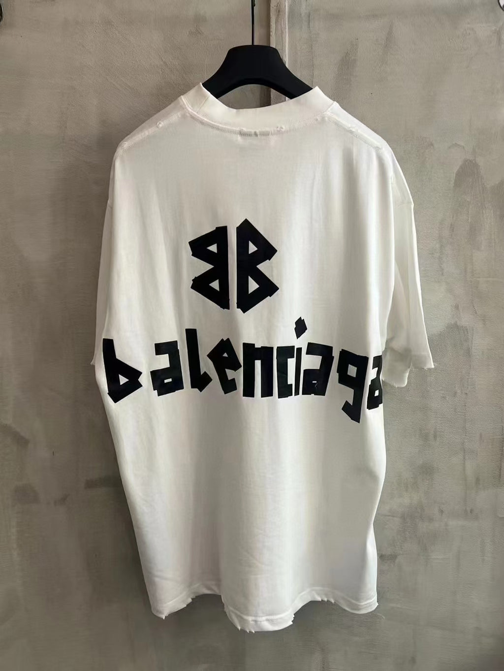White short-sleeve T-shirt with Balenciaga logo print on back