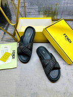 Black Fendi FF slide sandals, two-tone footbed view, open-toe slip-on