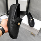 Versace luxury loafer, black embossed leather with gold round buckle