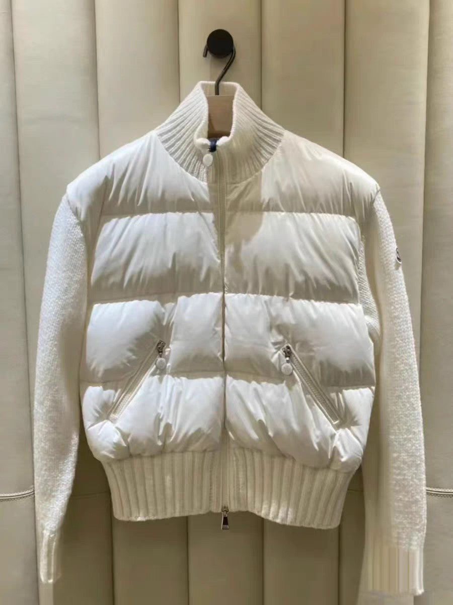 Moncler white puffer jacket with knit ribbed collar, zip front, snap pockets.