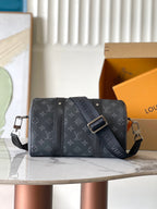 Louis Vuitton monogram bag, dark canvas, front strap detail and crossbody strap