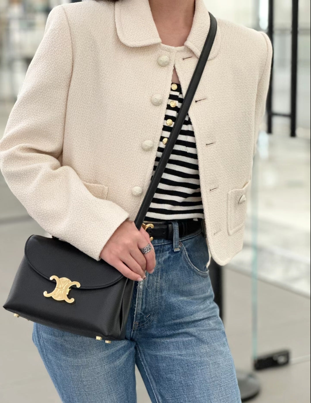 Celine black mini shoulder bag with long strap and gold logo front flap