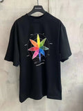 Black T-shirt with colorful wheel graphic on chest