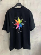 Black T-shirt with colorful wheel graphic on chest