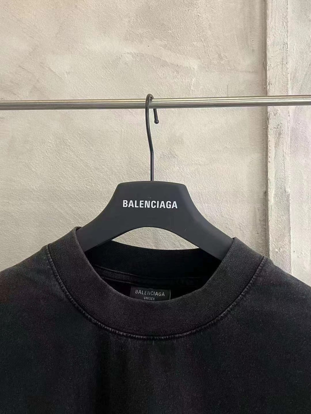 Balenciaga black T-shirt neckline with small BALENCIAGA label