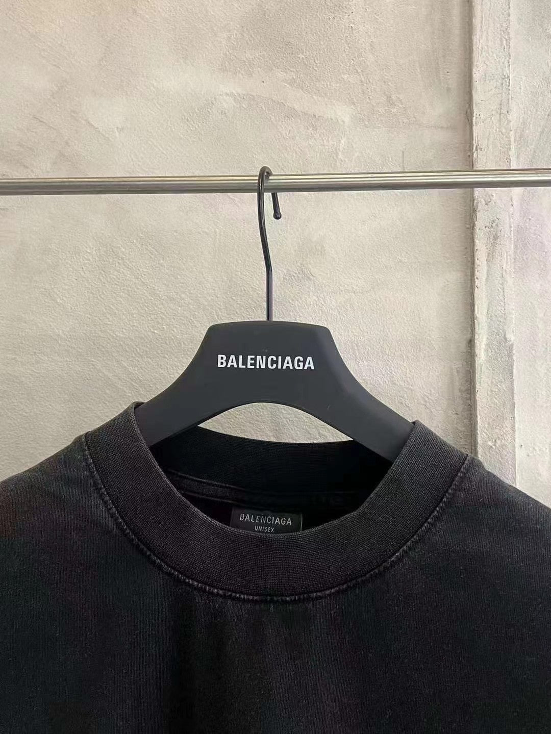 Balenciaga black T-shirt neckline with small BALENCIAGA label