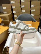 Louis Vuitton trainer sneakers, white uppers with gray logo panels and laces