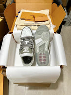 Louis Vuitton trainer sneakers, outsole and heel view with gray tread and LV details