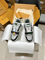 Louis Vuitton trainer sneakers, white laces on black uppers with green logo details