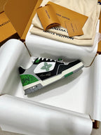 Louis Vuitton trainer sneaker, black white with green trim and logo patch on side