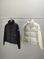 Black and white long puffer jackets, stand collar, zip closure, quilted panels