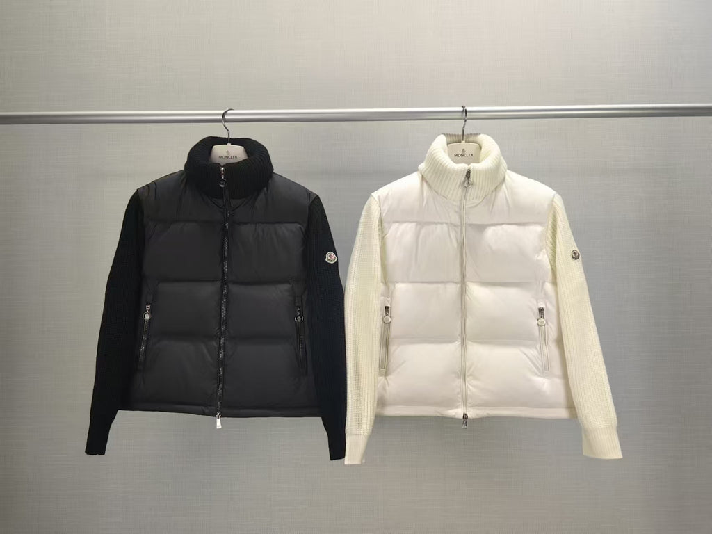 Long quilted puffer jacket in black and white, full-zip with stand collar