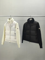 Long puffer jackets, white and black, ribbed knit collar, zip front