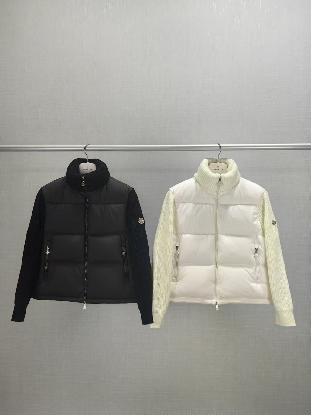 Moncler long puffer jackets, black and white, zip-up with stand collar