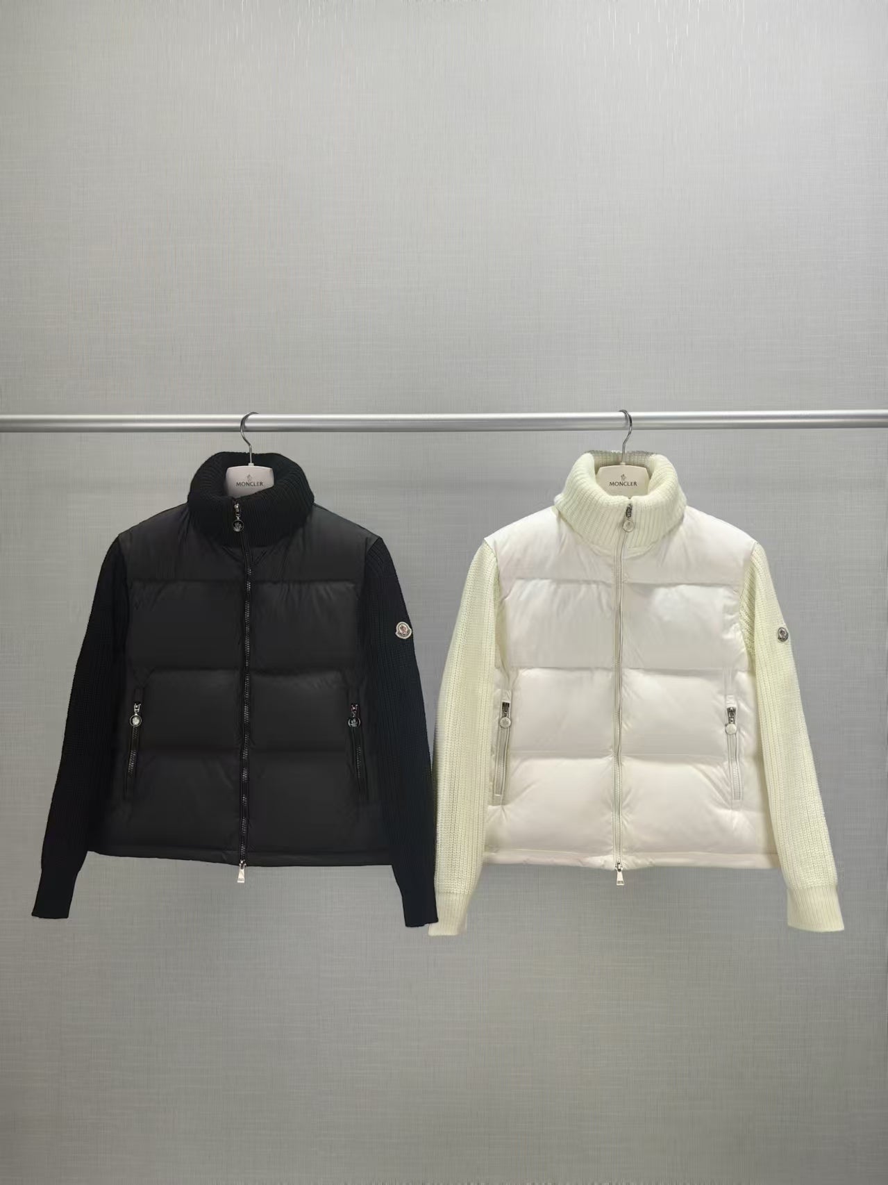 Moncler long puffer jackets, black and white, zip-up with stand collar