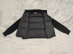 Long puffer jacket laid flat, stand collar, quilted interior panels and front zipper