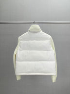 Back view long puffer jacket, knit collar, cream padded front panels