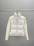 Long puffer jacket with knit sleeves, high collar, front zipper, cream