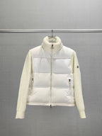 Long puffer jacket with knit sleeves, high collar, front zipper, cream