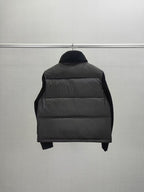 Long puffer jacket back view with dark hood collar and quilted puffer panels