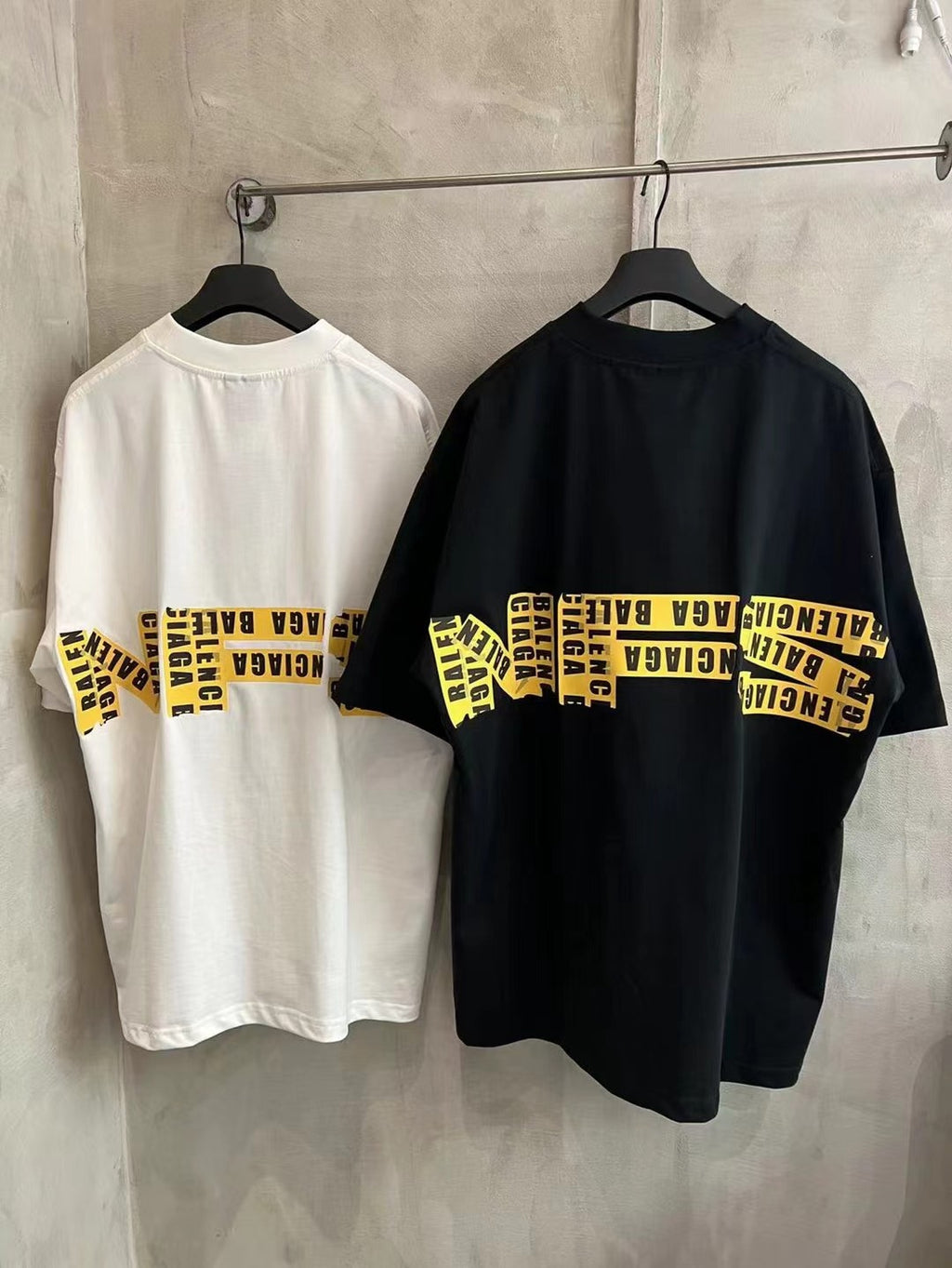 Balenciaga T-shirts set: white and black short-sleeve with yellow band back prints