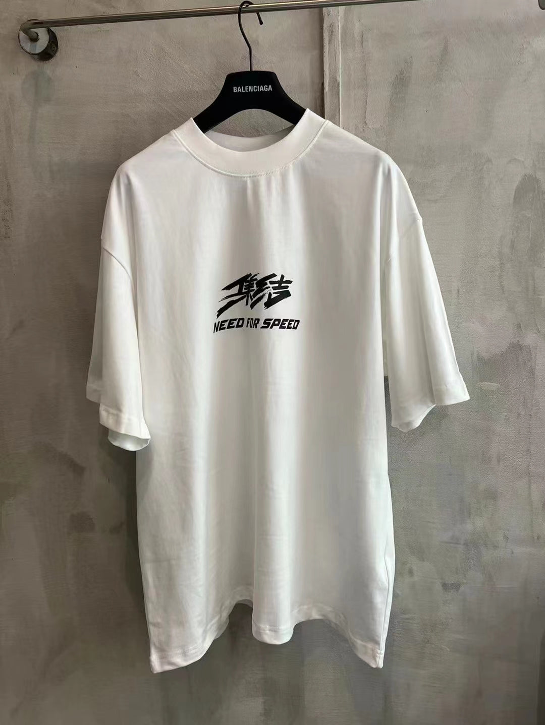 Balenciaga white short-sleeve T-shirt with Need for Speed logo on chest