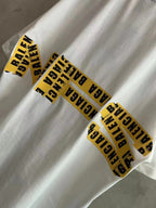 Balenciaga white short-sleeve T-shirt with yellow and black sleeve text graphic