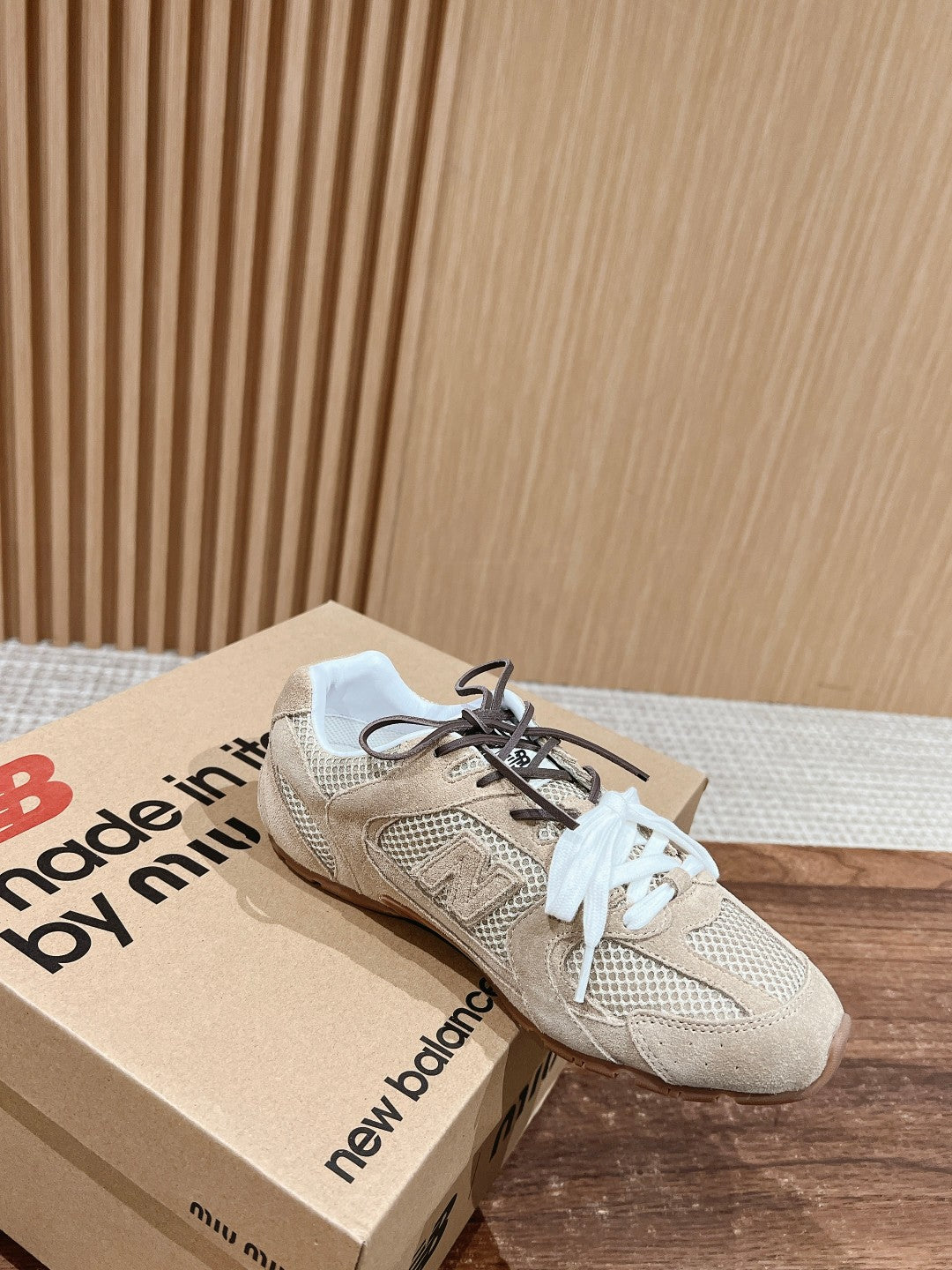 Prada unisex sneakers, beige mesh-and-suede style with white laces and teal collar detail