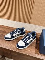 Pair of navy and white low-top sneakers on a shoe box base