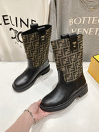 Women’s Fendi boots, FF monogram panels and black leather rounded toe.