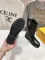 Boot sole with FENDI tread pattern for traction, black mid-calf pull-on boots