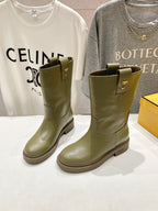 Fendi ladies olive green leather mid-calf boots with cuff and side pull tabs