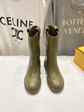 Fendi ladies olive green leather ankle boots with side pull tabs and block heel