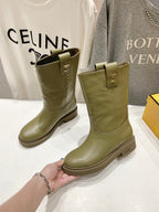 Fendi ladies olive green leather mid-calf boots with front strap and block heel