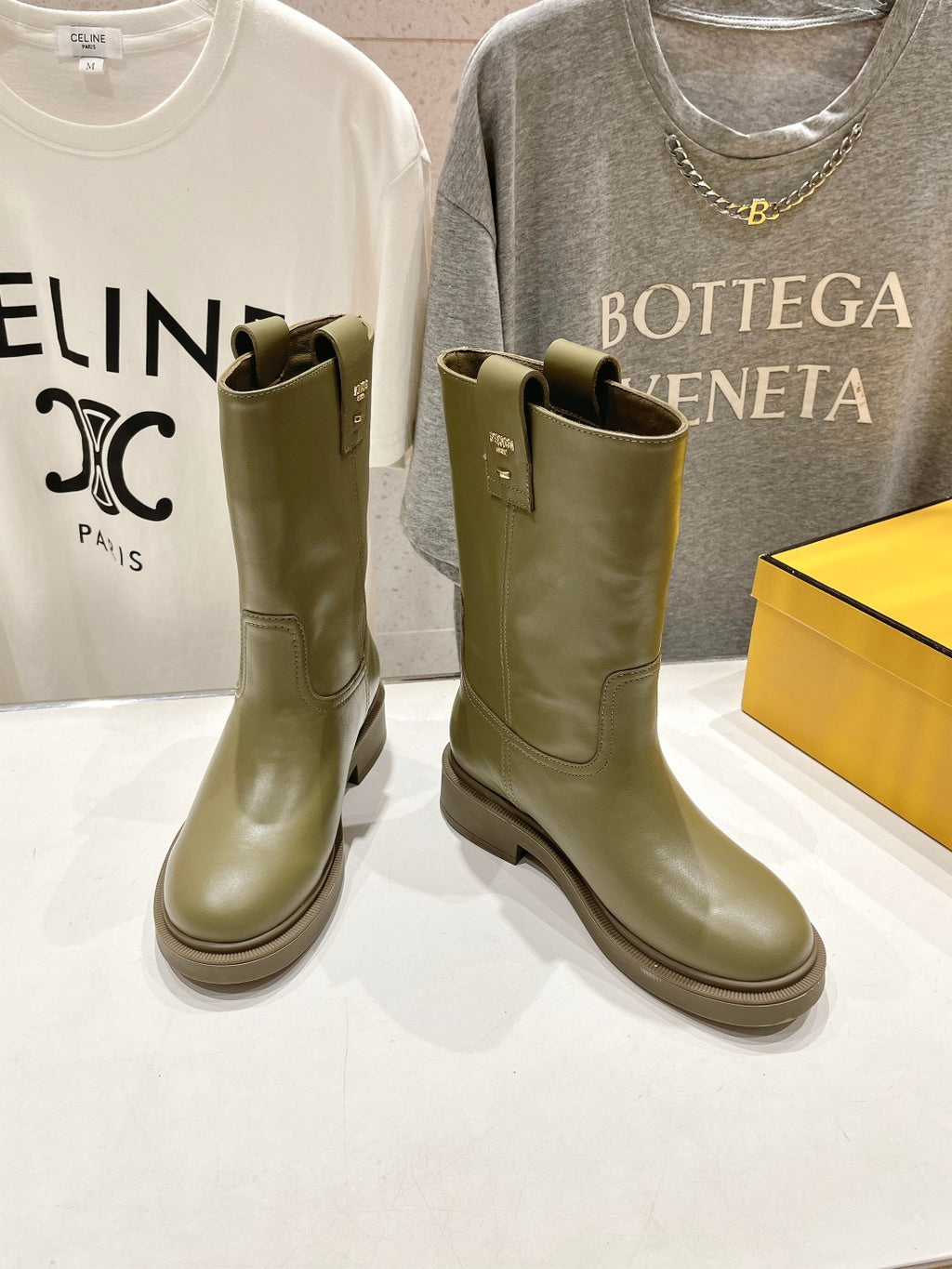Fendi ladies olive green leather mid-calf boots with side buckle detail and block heel