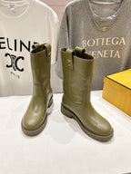 Fendi ladies olive green leather mid-calf boots with side buckle detail and block heel