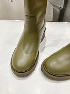 Fendi ladies olive green leather pull-on boots with ribbed sole and side seam