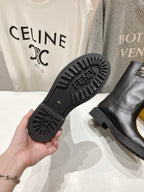 Fendi women’s boot soles, black tread with logo, plus side view of leather boot.