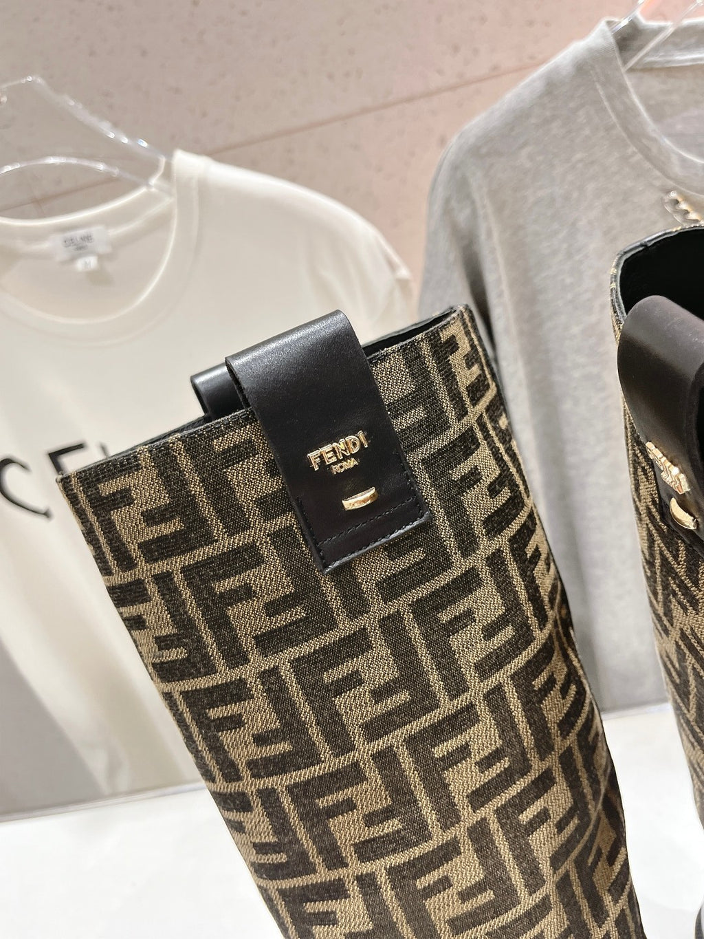 Fendi FF monogram tall boot upper with leather patch and pull-on tab