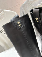 Black leather knee-high boot upper with FENDI logo patch and side pull opening