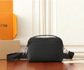 Men's Louis Vuitton black leather crossbody bag with top zip and adjustable shoulder strap.